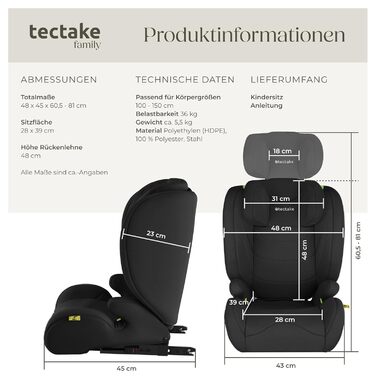 Автокрісло Tectake з 5-точковим ременем, i-Size, бічний захист, для дітей 76-150 см (до 36 кг), чорне, з Isofix