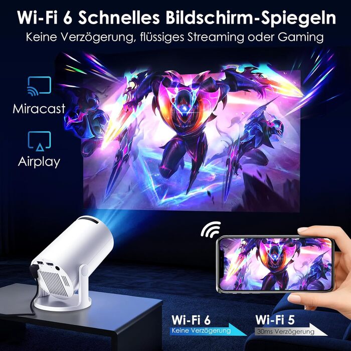 Портативний міні-проектор WOLFANG 1080P з WiFi 6, Bluetooth 5.4 та вбудованими додатками, автокоррекція трапецієподібних викривлень, підставка 180°, для дому та кінотеатру