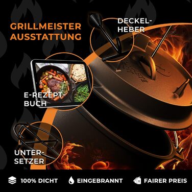 Набір чавунний казан Dutch Oven 4.5л з кришкою, підставкою та підйомником для кришки, підходить для 2-4 осіб