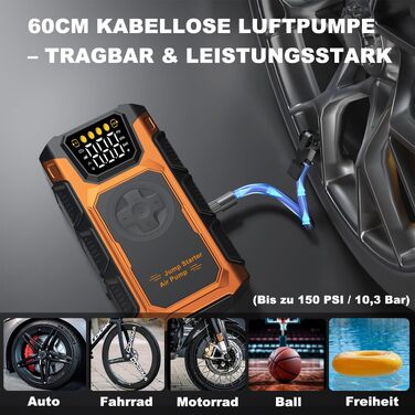 Пусковий пристрій (бустер) для авто Starthilfe 6000A з компресором 150 PSI, Powerbank 12V для бензинових та дизельних двигунів до 10л, з QC3.0, LCD-дисплеєм та ліхтарем, помаранчевий