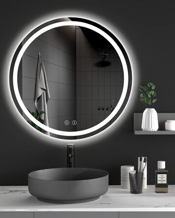 Дзеркало для ванної кімнати Dripex круглої форми з підсвічуванням LED, сенсорне керування, регулювання яскравості, 3 кольори світла, антизапарник, 50x50 см