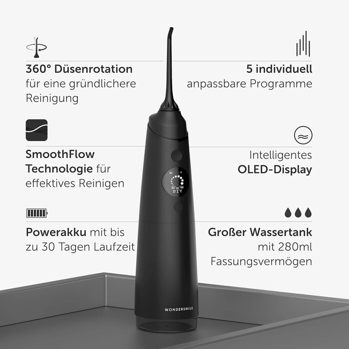 Wondersmile Munddusche PRO: Переможець тесту 2024 року, TÜV-сертифікована, 100 днів без ризику, SmoothFlow для догляду за зубами та яснами, 5 режимів, акумулятор PowerAkku (30 днів), Ultimate Black
