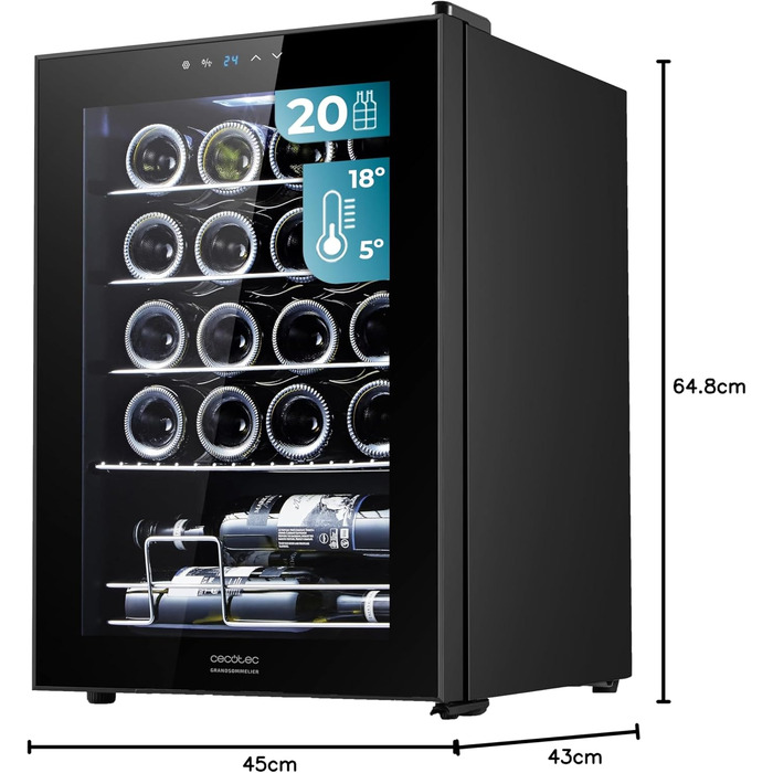 Винний холодильник Cecotec Bolero GrandSommelier 2050 Black на 24 пляшки - компресорний, регульована температура 5-18°C, низький рівень шуму