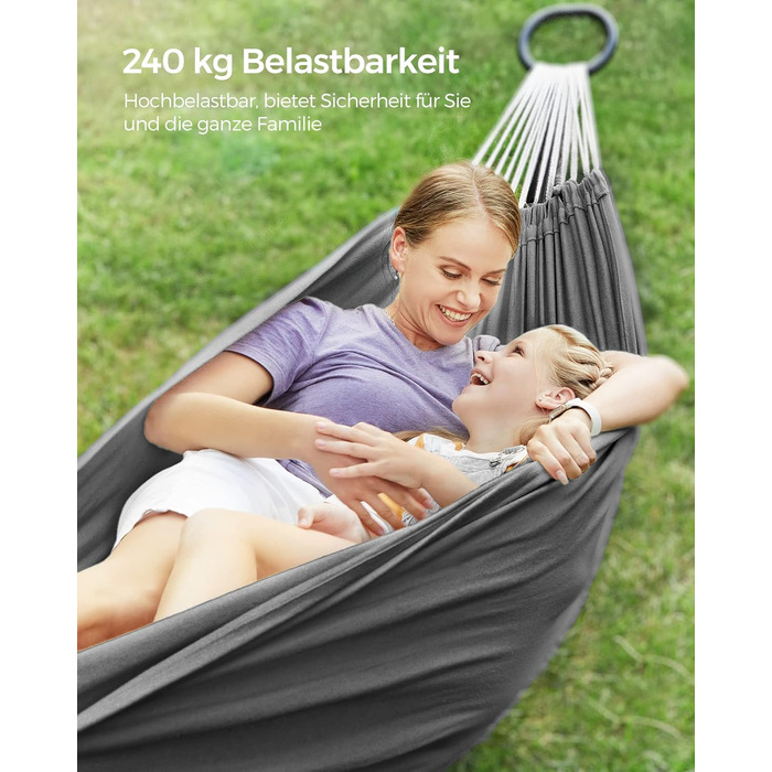 Гамак SONGMICS 210x150 см, металева стійка, регульована висота, до 240 кг, для саду, чорна рама і сіра тканина
