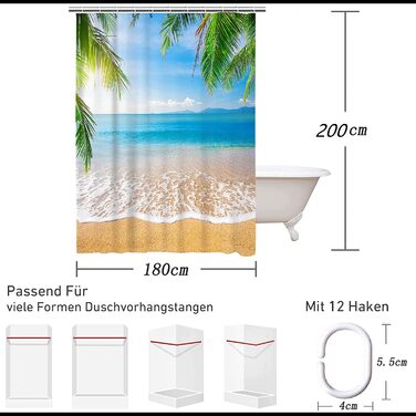Душова штора MUSOLEI 180x200 см, 3D-друк, синій, морський дизайн, антигрибкова, водовідштовхувальна, з кільцями, для ванної кімнати, прана