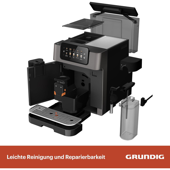 Кавомашина автоматична Grundig KVA 7230, 19 бар, сталева кавомолка (13 ступенів), капучинатор, підігрів чашок, чорний/сріблястий