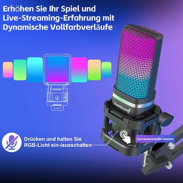 USB мікрофон Zealsound з підставкою та RGB підсвічуванням для iPhone, ПК, Mac, смартфонів і PS5, з функцією вимкнення звуку, штативом, бум-стійкою (2 тримачі та 2 адаптери), для ігор, подкастів, стрімінгу Twitch, YouTube, TikTok на Windows та Android