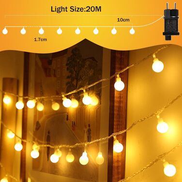 Гірлянда світлодіодна вулична/кімнатна 300 LED куля, 20м, 8 режимів, IP44, теплий білий для декору вечірок, саду, балкону