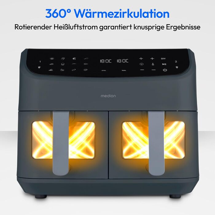 MEDION P20 XXL Фритюрниця з гарячим повітрям з 2 камерами (8,7 л, Airfryer, 2600 Вт, подвійна камера, 10 автоматичних програм, 2 висувні ящики, віконце, Dual Airfryer, ILAG PFAS-free, MD11760) матово-білий, матово-сірий