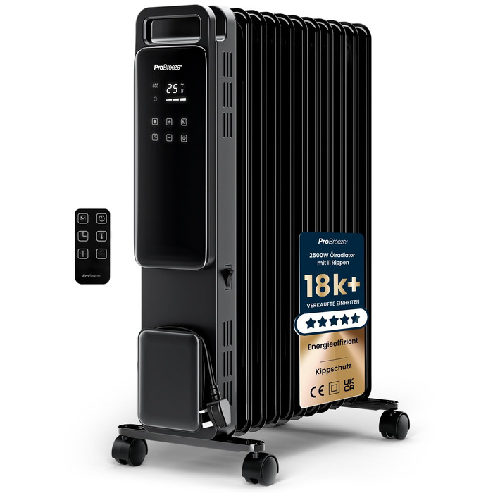 Електричний масляний радіатор Pro Breeze 2500Вт, 11 секцій, смарт-обігрів з термостатом, таймером на 24г та сенсорним дисплеєм, чорний