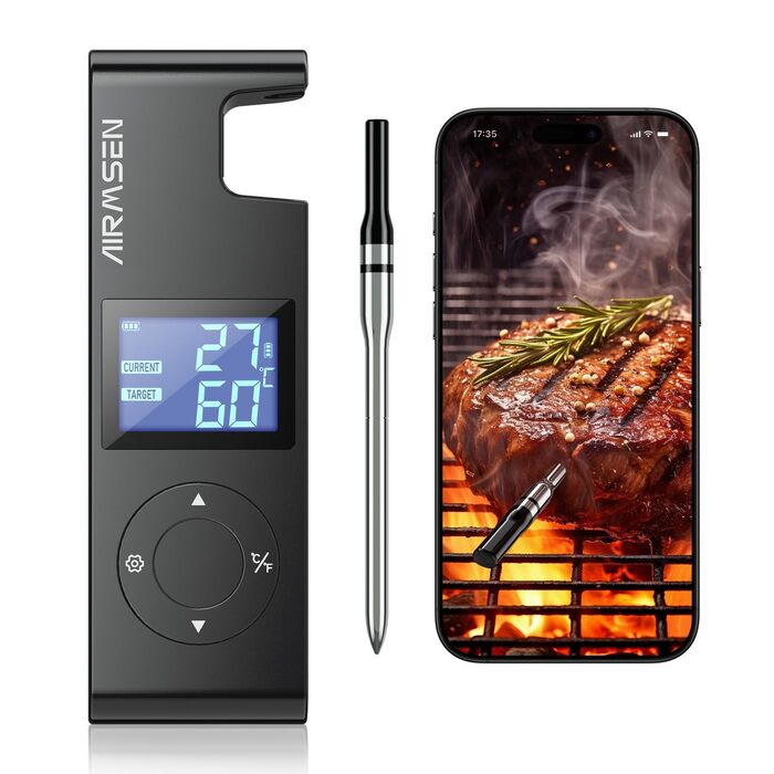 Бездротовий термометр для м'яса AIRMSEN з Bluetooth, 150м, LCD-дисплей, 1000mAh, для гриля, барбекю, копчення, чорний