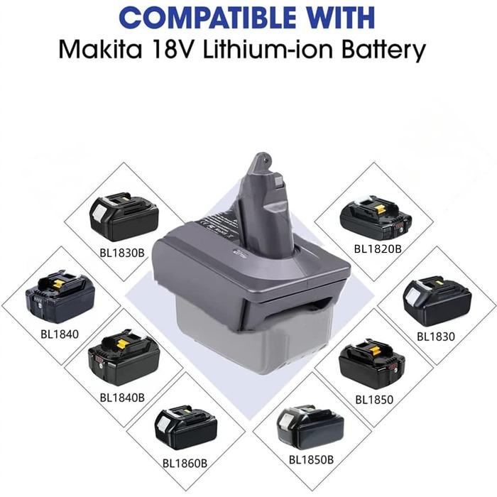 Адаптер TEPULAS для Makita 18V до пилососа Dyson V6, перехідник MT18V6 для акумулятора Makita, сумісний з Dyson V6 Absolute, Handheld, Animal, Motorhead, без акумулятора