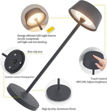 Klighten Диммовані LED акумуляторні настільні лампи, 2 шт, алюмінієві, сенсорне керування, IP54, для спальні та ресторану, тепле світло 3000K, антрацит, USB зарядка