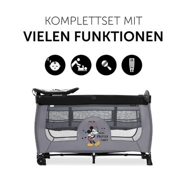 Дитяче дорожнє ліжечко Hauck Sleep N Play Center Disney Mickey Mouse Grey з люлькою для новонароджених, пеленальним столиком, сумкою для транспортування, колесами, боковим входом, компактно складається, для дітей від народження до 15 кг