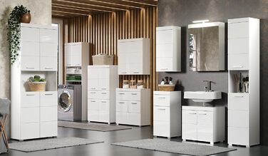 Комод для ванної Trendteam Amanda, білий глянцевий, 37x79x31 см, з 1 дверцятами і 1 шухлядою, універсальний, сріблясті ручки