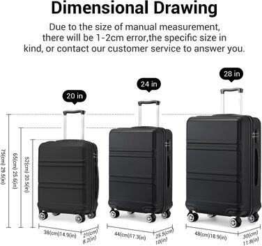 Валіза для ручної поклажі KONO 55x40x20 см, для Ryanair, EasyJet та Vueling, чорна (M, 55 см)