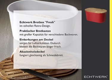 Хлібниця ECHTWERK FRESH з кришкою і дошкою з акації, для зберігання хліба до 1 кг, 37x22x17 см, червона
