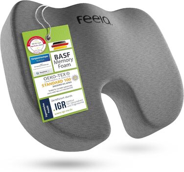 Ортопедична подушка для сидіння Feela, 3 рівня жорсткості, ергономічна, для офісного стільця, темно-сіра, для зменшення болю та підтримки куприка (жорстка, 80-130 кг)