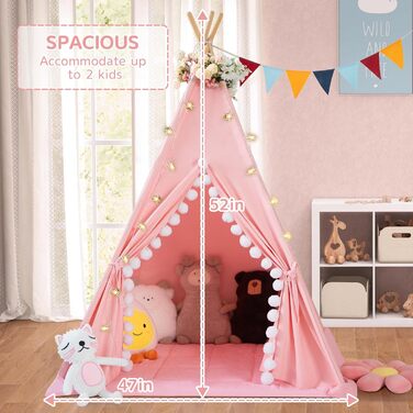 Дитяче намет Tipi з м'якою матрацом, бавовна, канвас. Намет Tipi для дітей з гірляндами, сумкою, прапором (білий, рожевий)