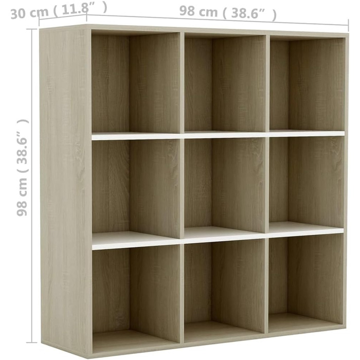 vidaXL книжкова шафа з 9 відділеннями, біла та дуб сонома, 98x29x97,5 см, стелаж для книг і документів, деревостружкова плита