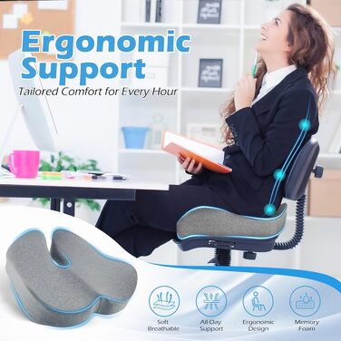 Подушка для офісного крісла Lofty Aim з Memory Foam: ергономічна, для куприка, при болях у спині, для офісу, авто, літака, інвалідного візка - Чорний та світло-сірий