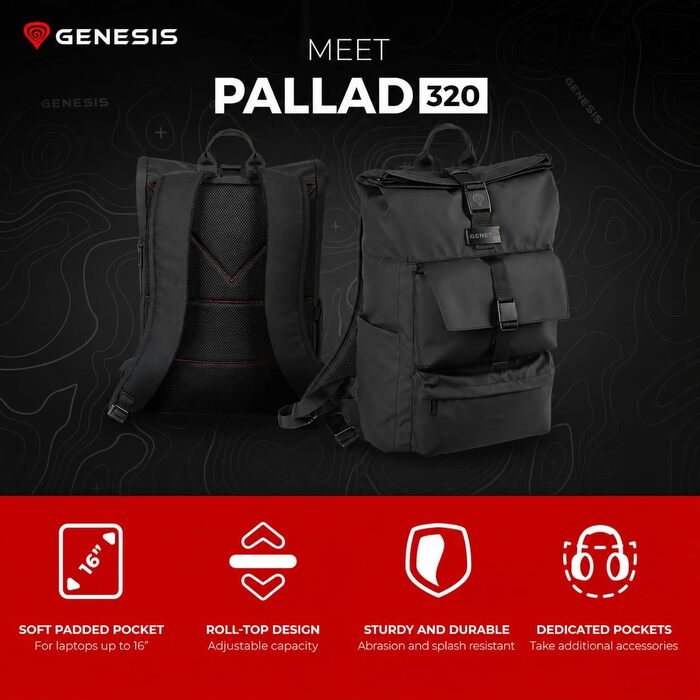 Рюкзак для ноутбука Genesis Pallad 550, 17.3 дюйма, 24 л, 19 кишень, чорний
