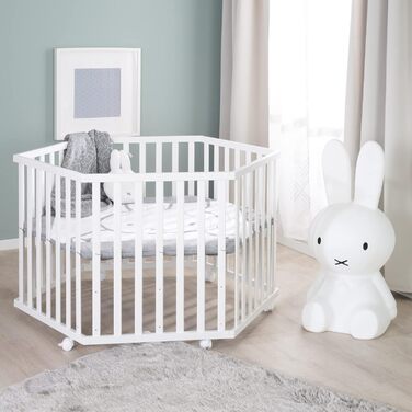 Дитячий манеж шестикутний roba з вкладкою Miffy, 3-рівневе регулювання, мобільний дерев'яний білий манеж на колесах