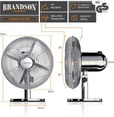 Вентилятор настільний Brandson мідний, 3 швидкості, з осциляцією 80° та нахилом 40°, металевий корпус