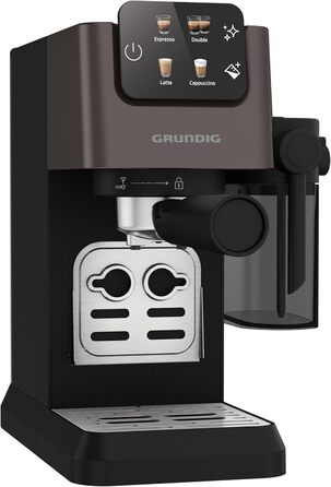 Еспресо-кавоварка GRUNDIG KSM 5330 з молочним контейнером, 1628 Вт, 15 бар, двійна насадка, сенсорний дисплей, BrewSense, CreamyPro, нержавіюча сталь/чорна