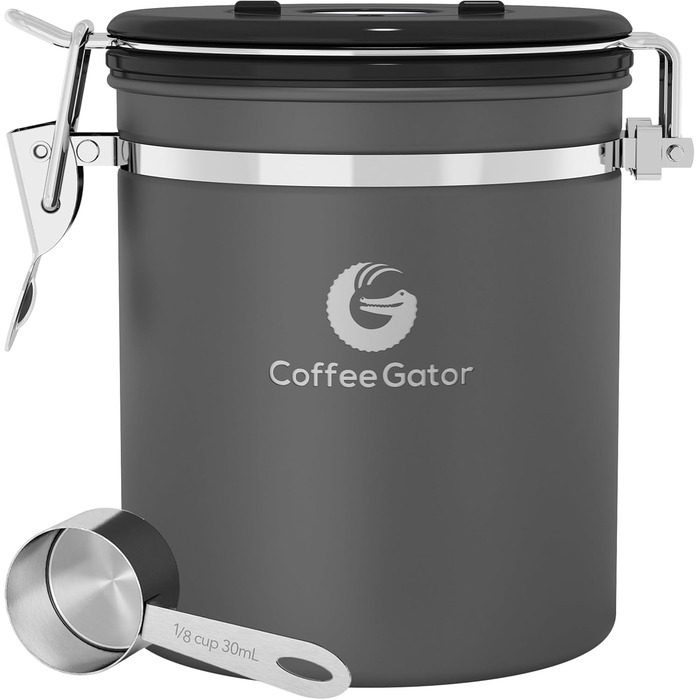 Контейнер для кави Coffee Gator з нержавіючої сталі (2 шт.) – для кавових зерен та меленої кави, з датою, CO2-вентилем та мірною ложкою (Сірий, Середній)