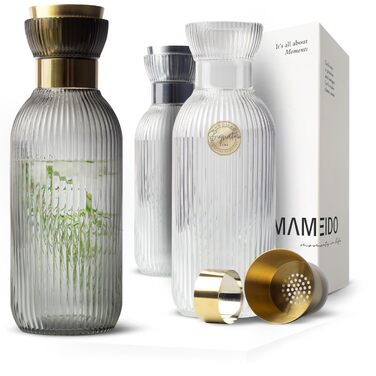 Скляний глечик для води MAMEIDO з носиком та ситом, 1 л, рифлене кришталеве скло, Smoke Gold