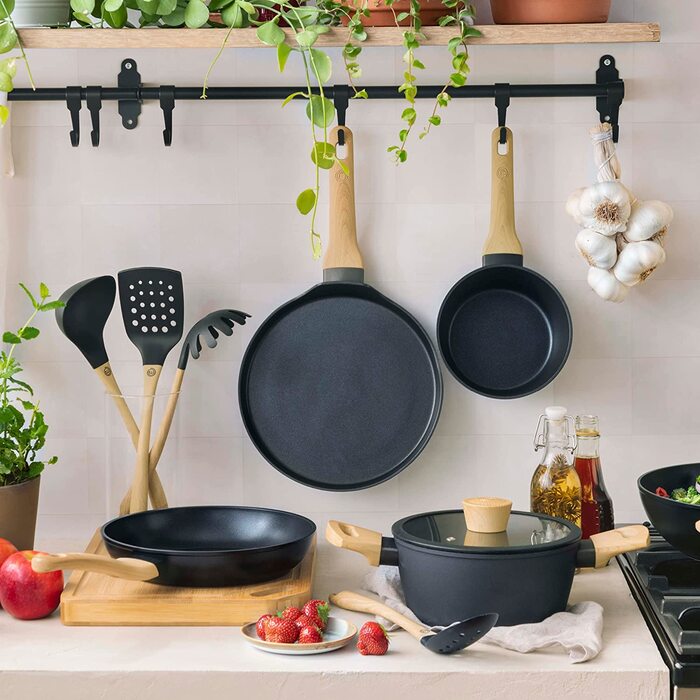 Каструля MasterChef з кришкою 20 см, алюмінієва, антипригарна, індукційна, з дерев'яною ручкою, універсальна для всіх плит, набір каструль і сковорідок, натуральна колекція