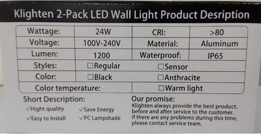Klighten LED настінний світильник для вулиці, 2 шт, 3000K, IP65, алюмінієвий, чорний, для дому, саду та тераси
