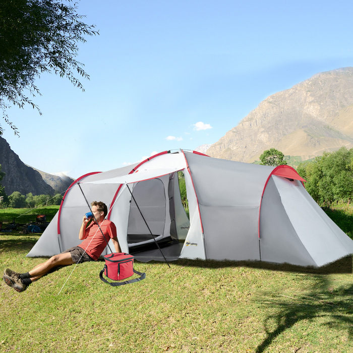 Outsunny Camping Tent, Тунельний намет на 6 осіб з 2 спальнями, вітальня, тамбур, вітрозахисний сімейний намет UV50+ з сумкою для перенесення, 2000 мм водовідштовхувальний засіб для кемпінгу, саду, сірий