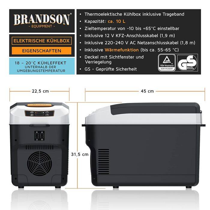Електричний холодильник Brandson 10 л для авто і дому, охолоджує та нагріває, 230В/12В, Cool Grey