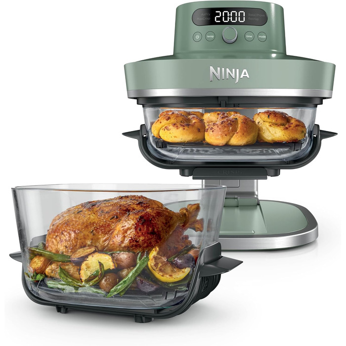 Скляна аерофритюрниця Ninja CRISPi PRO XL Air Fryer з 5 функціями, контейнерами CleanCrisp (5,7 л та 2,3 л) та кришкою для зберігання, колір моховий зелений, AS090EUGN