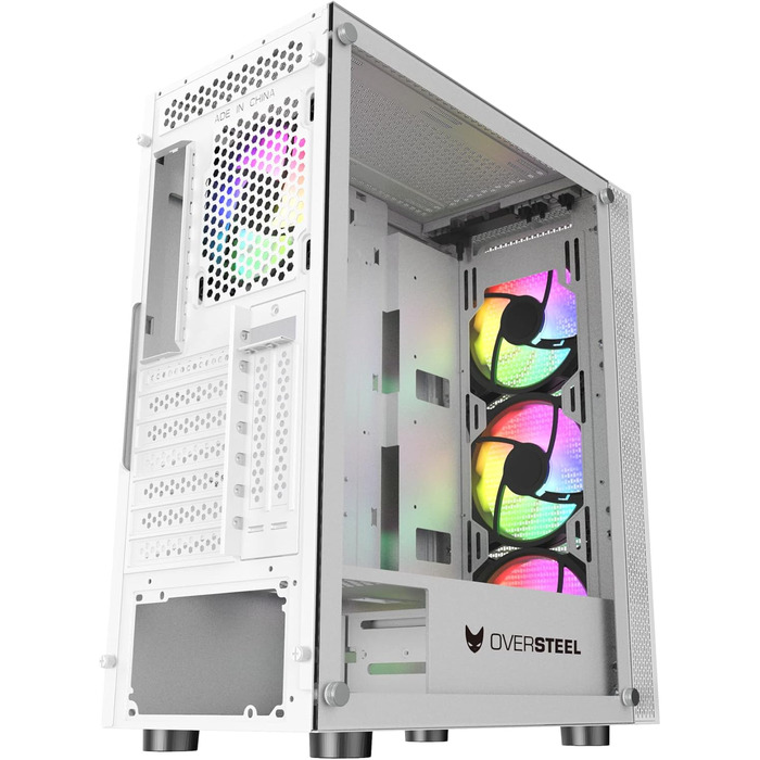 Oversteel Azurite ігровий корпус для ПК, білий, ATX/Micro ATX/ITX, 4 вентилятори 120 мм A-RGB, сітчаста передня панель, загартоване скло, USB 3.0, вертикальний монтаж