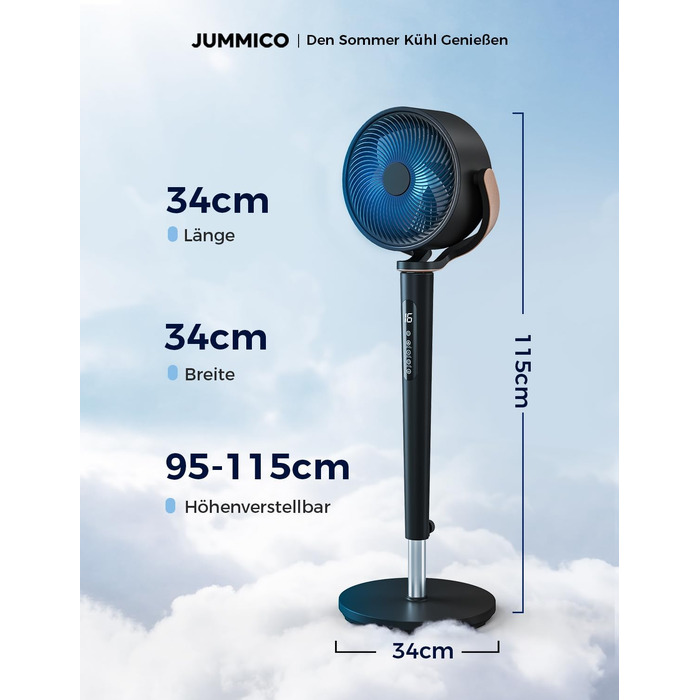 Вентилятор підлогово-настільний JUMMICO DC з пультом, 30м, 16 режимів, 12 год таймер, регульована висота, 20дБ