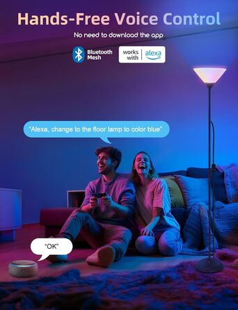 LED торшер Aigostar для вітальні та спальні, з Bluetooth Mesh G45 E27 6.5W лампою, димером, RGB та 2700K-6500K, з пультом, сумісний з Alexa