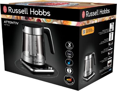 Скляний електрочайник Russell Hobbs Attentiv 26200-70 з регулюванням температури (40-100°C), ситом для чаю, цифровим керуванням та функцією підігріву, 1.7л, 2400Вт, нержавіюча сталь