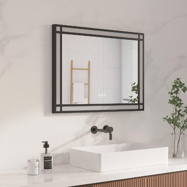 Дзеркало для ванної кімнати AQUABATOS LED з підсвічуванням 50x70 см, імітація вікна, сенсорне регулювання, регулювання яскравості, холодний білий, протизапотівання, чорний алюмінієвий каркас, декор у індустріальному стилі