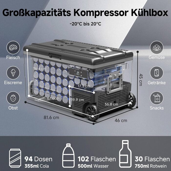 Автомобільний компресорний холодильник AAOBOSI 74L з Wi-Fi, LED, 12/24V/220V для кемпінгу, подорожей, авто, човна
