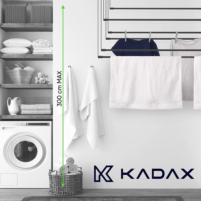 Стельова сушарка для білизни KADAX, 6 перекладин, настінна, сталеві перекладини з поліетиленовим покриттям, вантажопідйомність 12 кг, чорна
