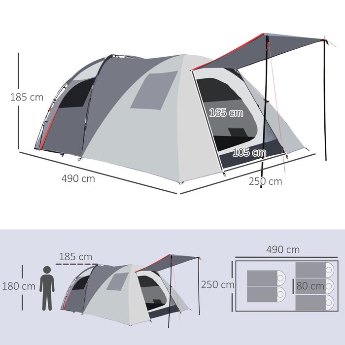 Outsunny Camping Tent 5-місний тунельний намет зі спальнею, сумка для перенесення, водяний стовп 2000 мм, сітчасте вікно, сірий