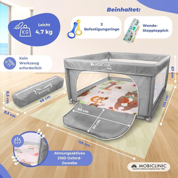 Дитячий манеж Mobiclinic Kids з ігровим килимком, складаний, 125x125 см, з бічним входом, сірий, дихаюча сітка, переносна сумка, без запаху, легко миється, безпечний