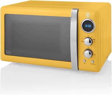 Мікрохвильова піч Swan Retro 20 л, 800 Вт, жовта, цифрова, 5 режимів, розморожування, таймер 60 хв, дзеркальні дверцята, вінтажний дизайн