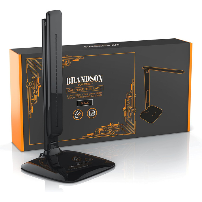 Настільна LED лампа Brandson з регулюванням яскравості, захистом очей, 3 кольорами світла (холодне, тепле, нейтральне), 5 рівнів яскравості, термометром, будильником і календарем, чорна