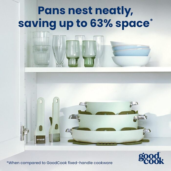 Набір посуду GoodCook Keramik 14 предметів з антипригарним покриттям, знімні ручки, для індукції та духовки, зелений шавлія