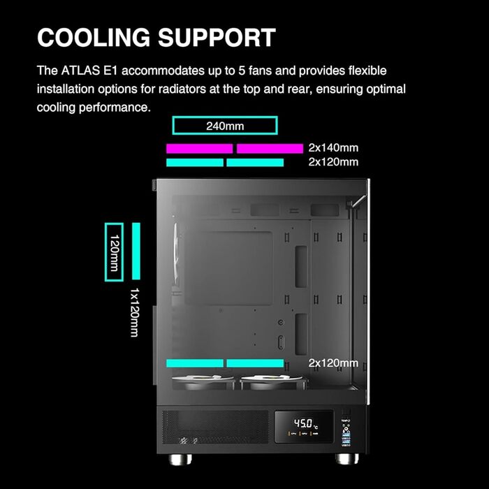 Корпус для ПК GAMDIAS Atlas E1 ATX Mid Tower з реальним монітором, 3 встановленими 120 мм ARGB вентиляторами, загартованим склом, високою вентиляцією, бічними отворами, чорний