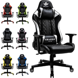 Ігрове крісло KRAKEN CHAIRS, ергономічне, офісне, з регульованою висотою, 3D підлокітниками, подушкою для попереку та підголівником, чорне-сріблясте, екошкіра